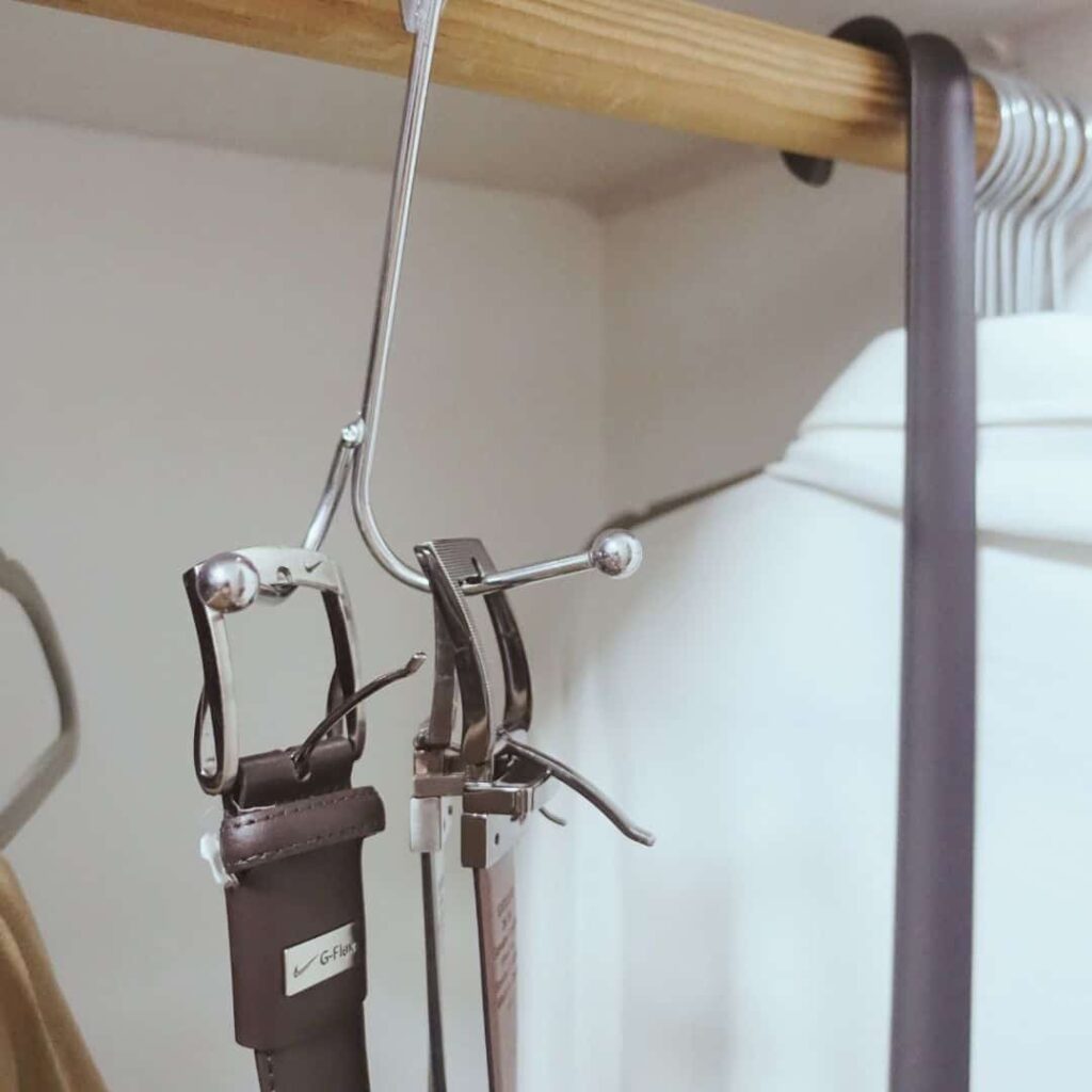 belt storage using dollar store door hook inside of closet