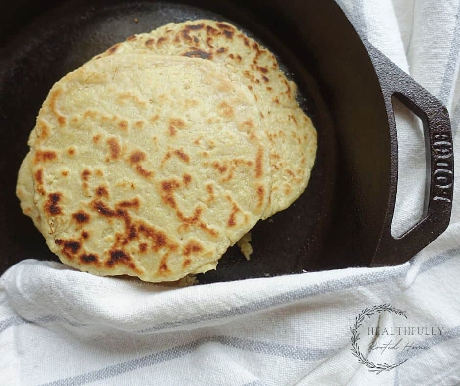 einkorn tortillas using sourdough starter in a lodge cast iron skillet