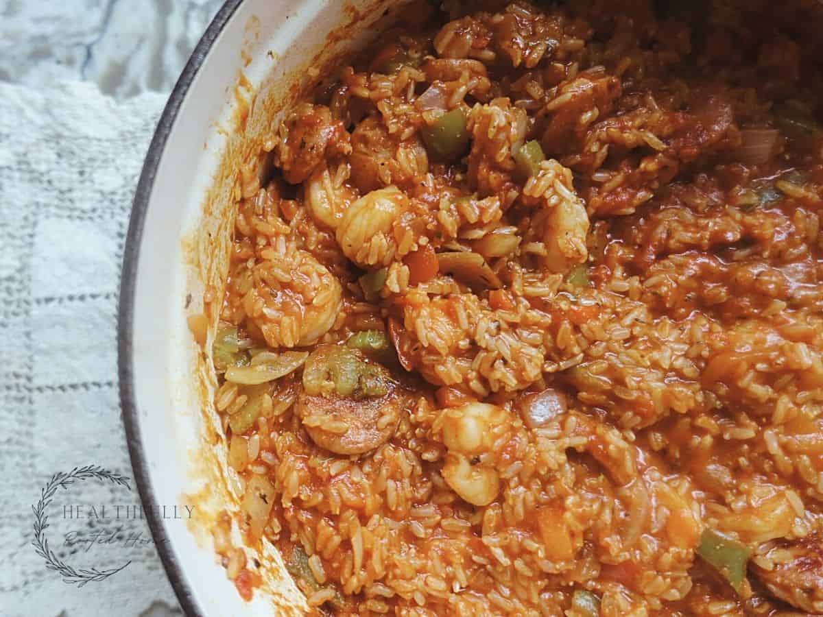 close up of jambalaya in a dutch oven