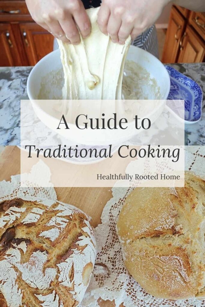 a guide to traditional cooking with stretch and fold sourdough bread on top and sourdough bread loaves on top of lace fabric on bottom
