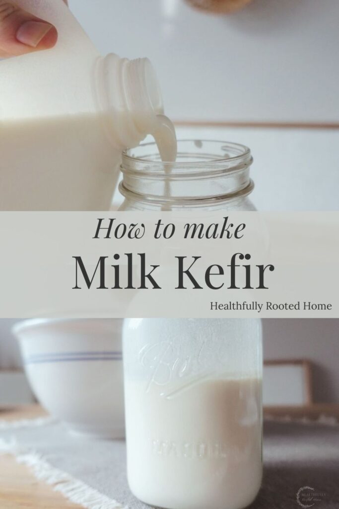 pouring milk into a mason jar with a jar of kefir below