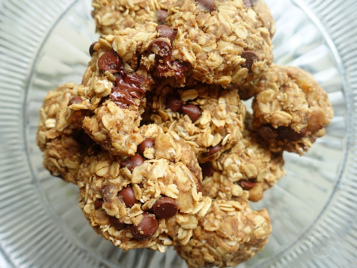 4 ingredient oatmeal cookies stacked on a cake stand