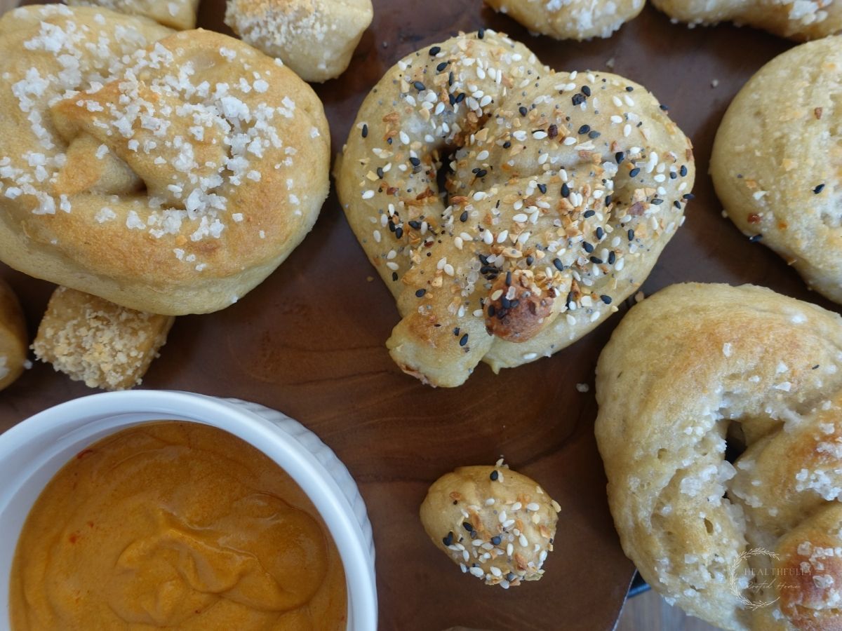 sourdough pretzels with pretzel bites next to them