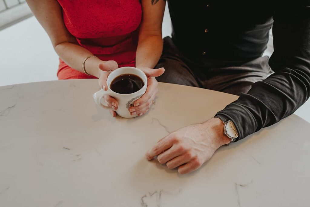 bride and groom at coffee shop