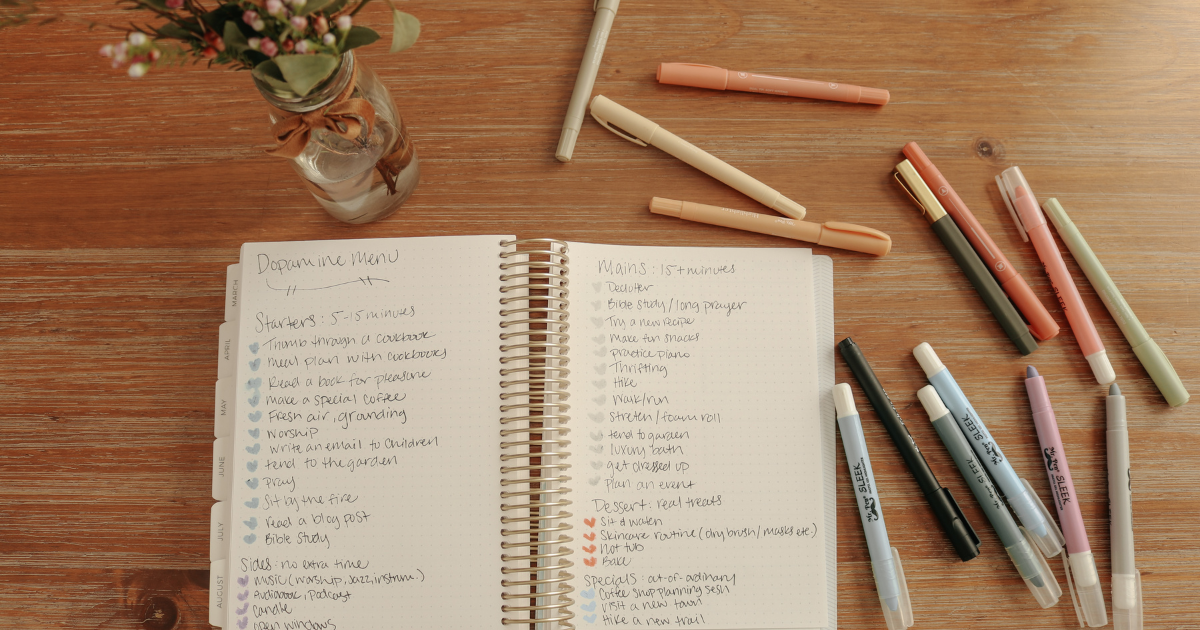 dopamine menu written in a planner with highlighters all around