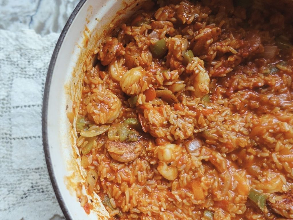 close up of jambalaya in a dutch oven
