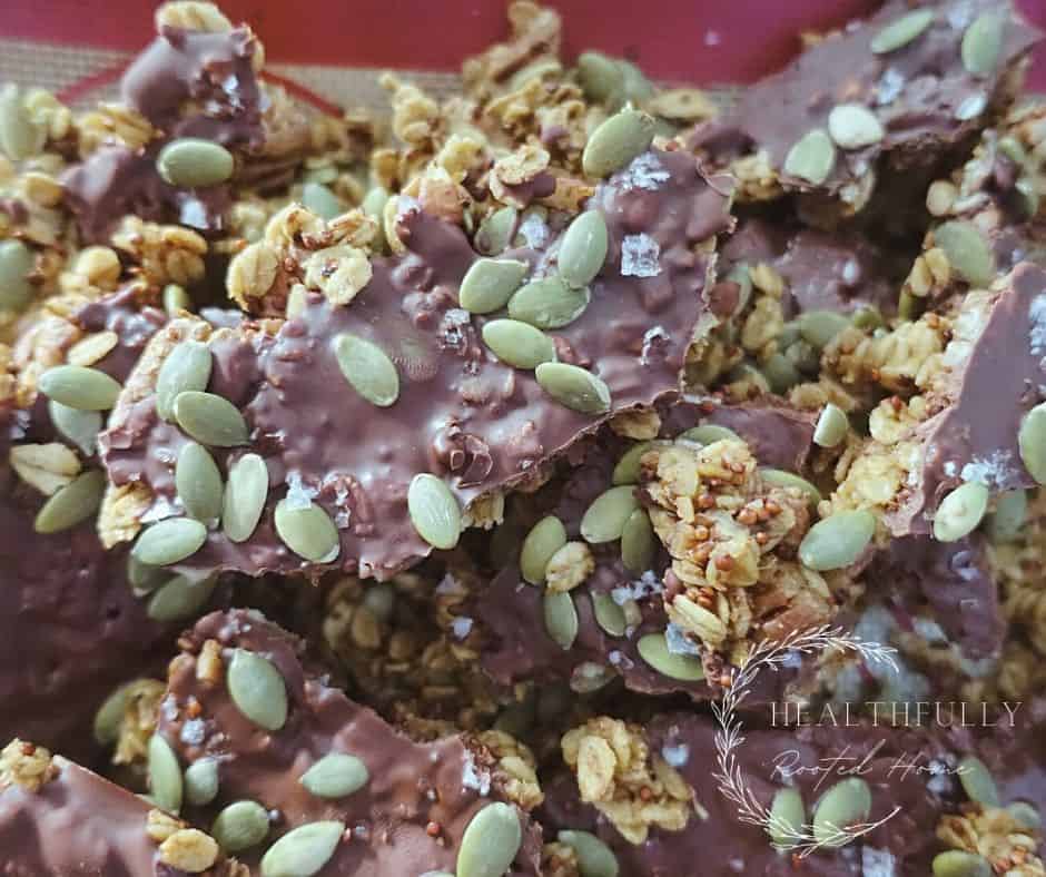 healthy pumpkin spice granola bark with pepitas and maldron flake sea salt on top