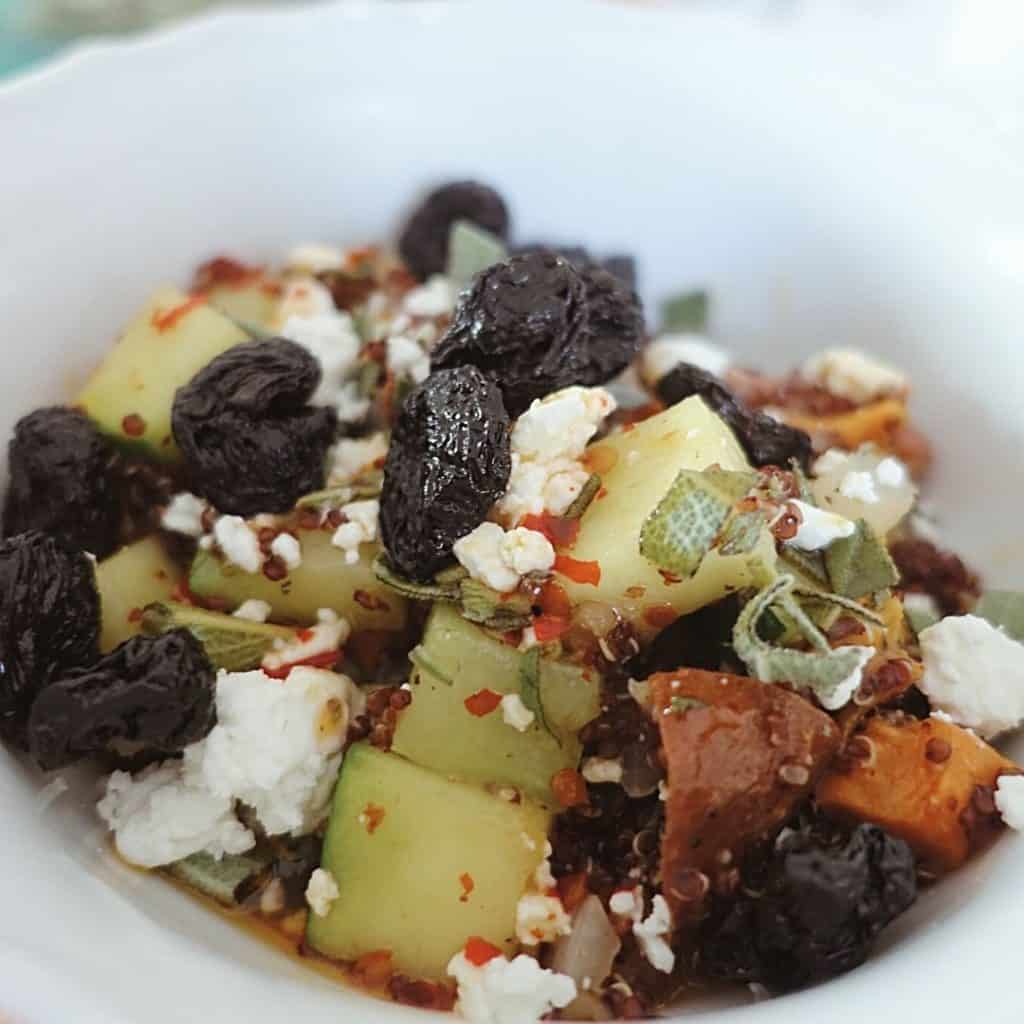 one pot dutch oven meal quinoa with zucchini cherries and goat cheese