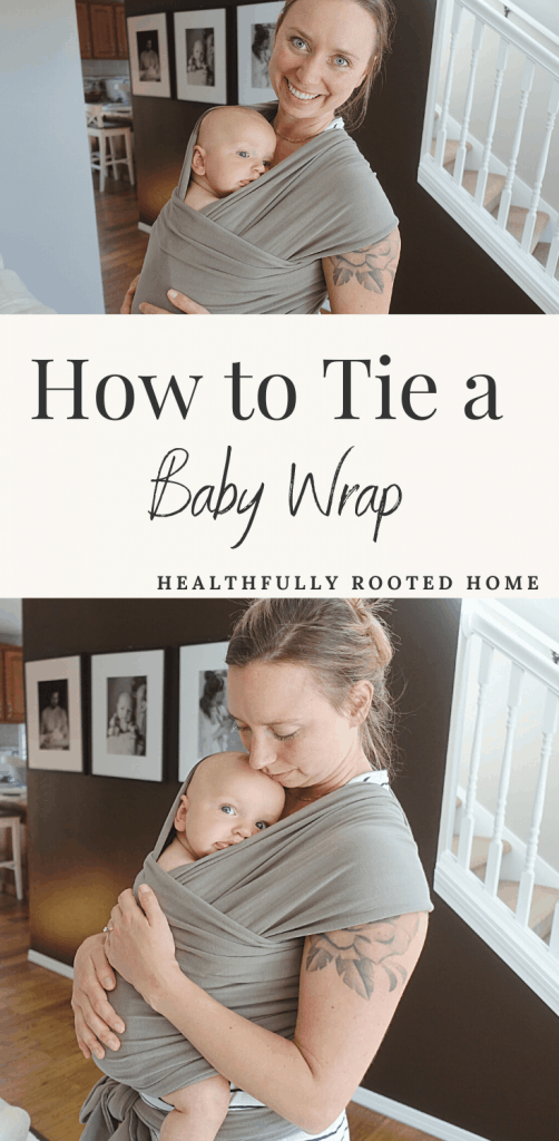 mother holding baby in grey boba baby wrap
