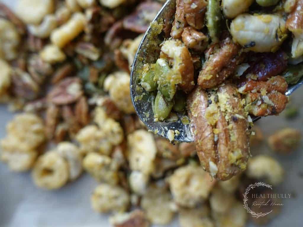 savory trail mix recipe with pecans and cashews pepitas herbs and nutritional yeast