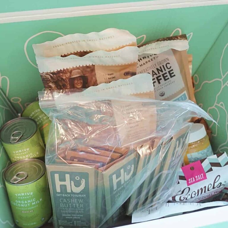 thrive market order in box with organic coffee human chocolate bars organic coconut milk and cocomels