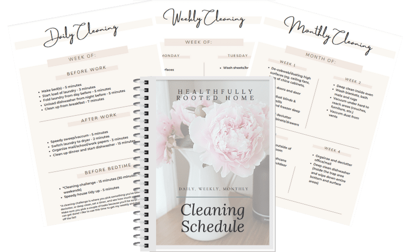 cleaning schedule from healthfully rooted home with a daily monthly and weekly schedule laid out as a stack of papers