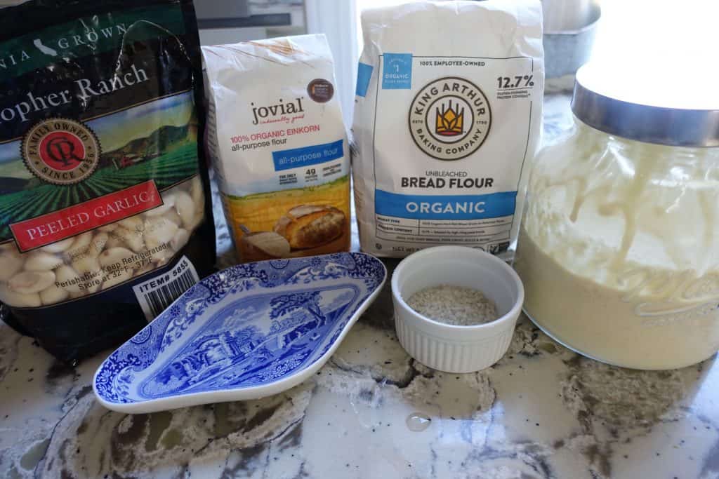 costco garlic cloves jovial all purpose einkorn flour king arthur bread flour filtered water celtic sea salt sourdough starter in mason jar