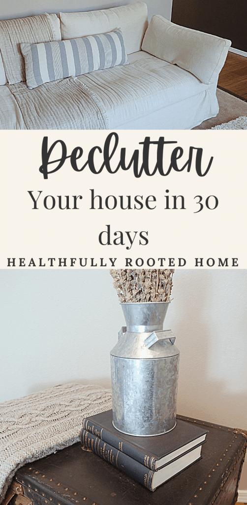 declutter your house in 30 days couch with slip cover and lavender in galvanized bucket on top of old trunks