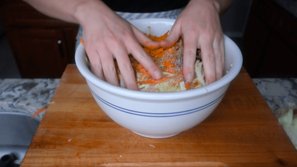 beginning the massaging process for curry kraut