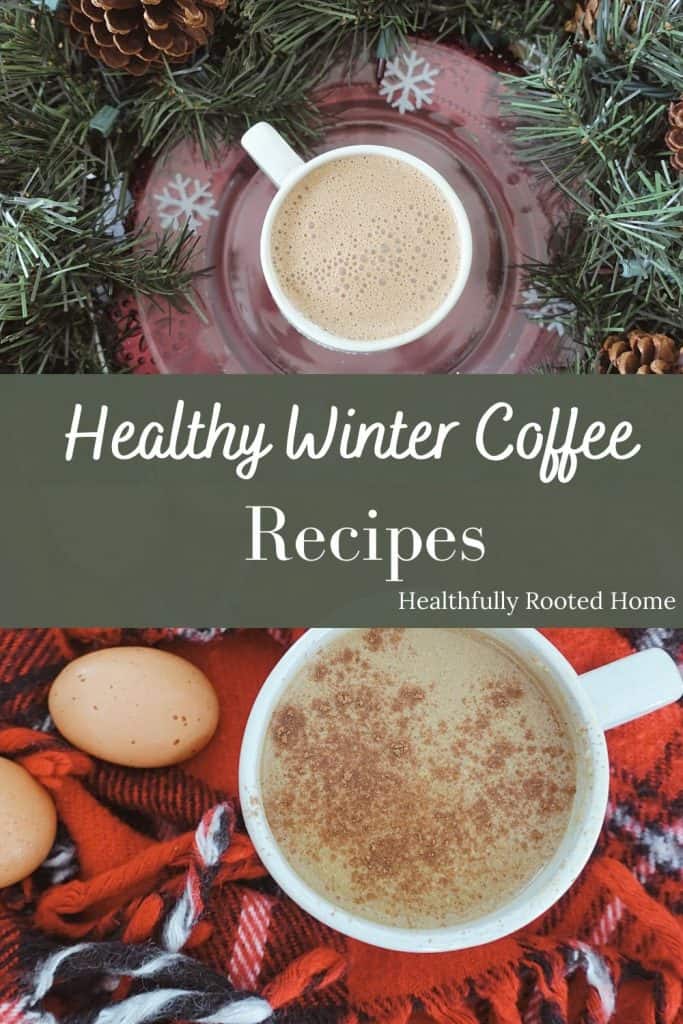 winter coffee drinks with foamy peppermint mocha a christmas wreath on top of a snowflake plate with an eggnog latte on top of a flannel blanket with eggs to the side