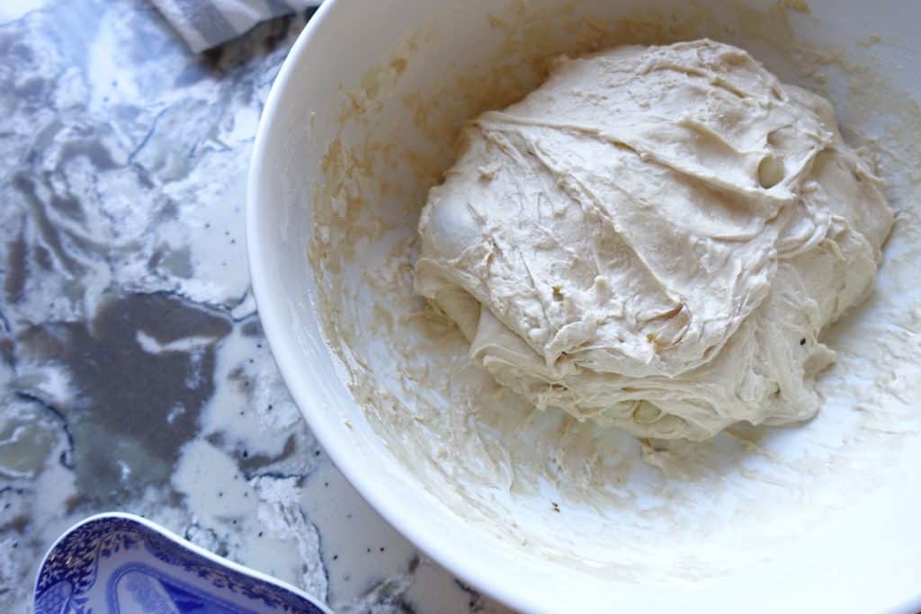 sourdough before the fourth stretch and fold showing a bubble