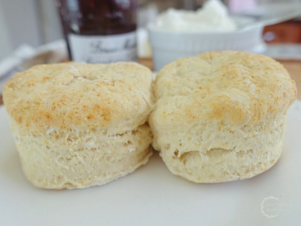 lemonade scones made without cream two next to eachother on a white plate with jam and whipped cream in the background. This image shows the beautiful rise on the scones.