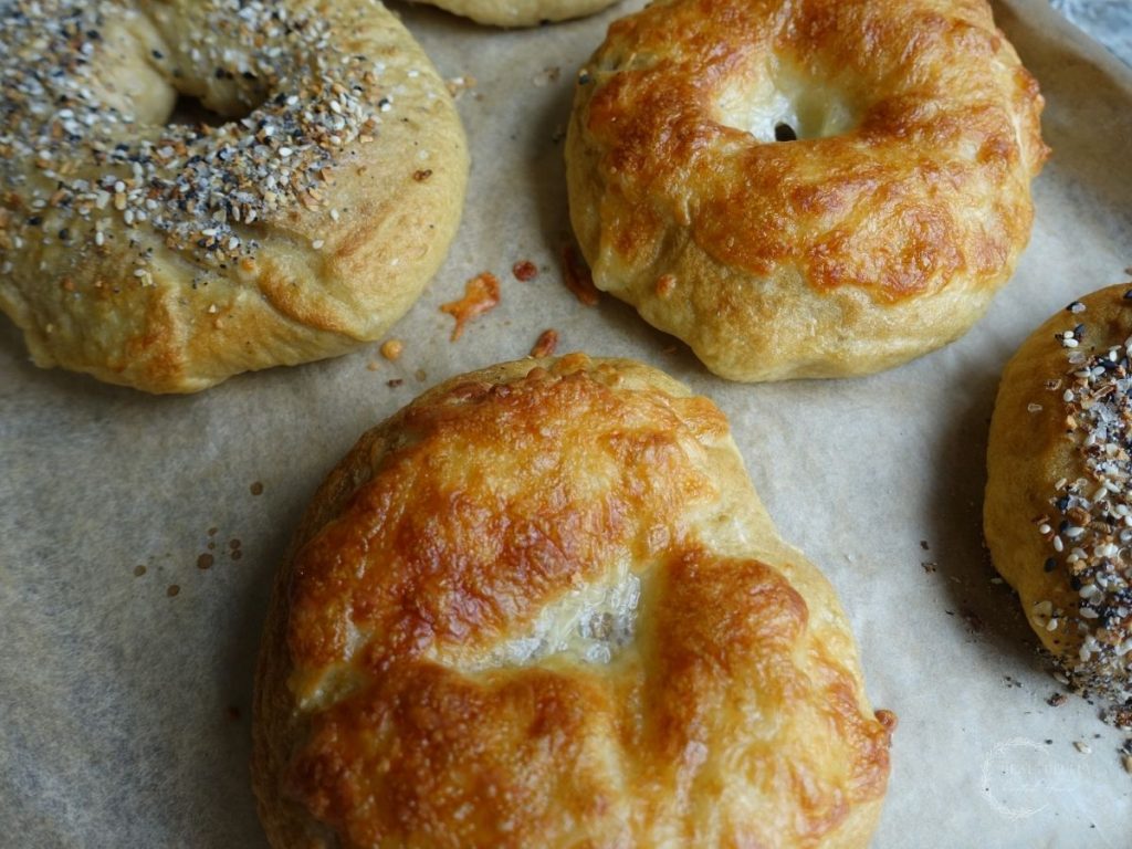 baked sourdough discard bagels on a baking sheet after being pulled out of the oven