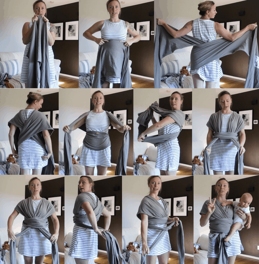 how to tie a baby wrap step by step instructions of a woman putting on a grey boba wrap