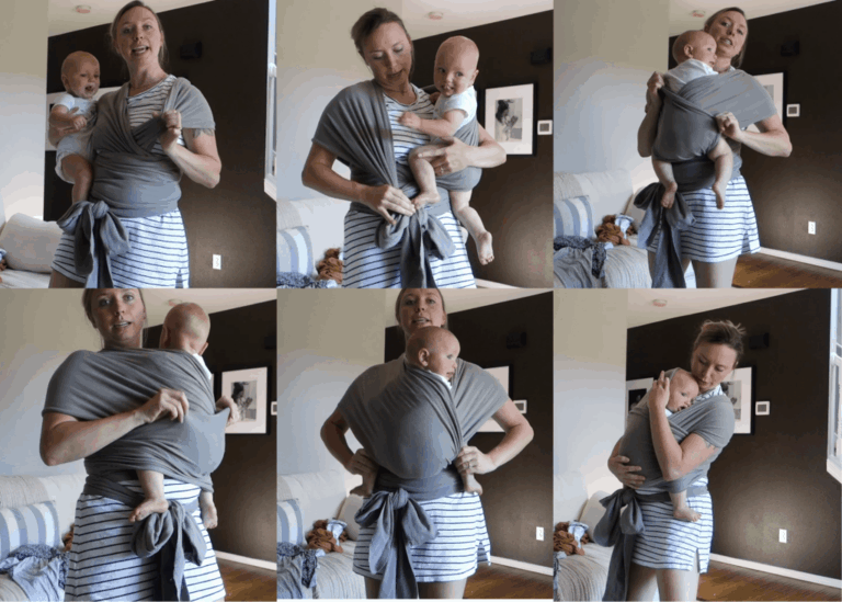 baby wrap instructions for putting baby in a baby wrap using the hug hold carry and a grey boba wrap with a black wall in background