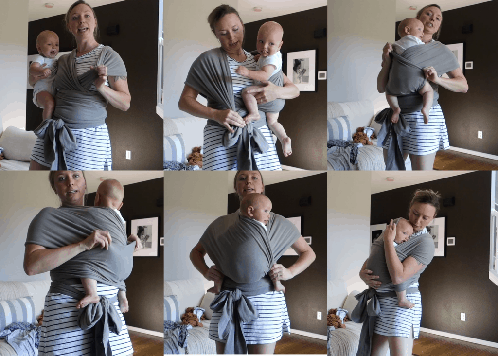 baby wrap instructions for putting baby in a baby wrap using the hug hold carry and a grey boba wrap with a black wall in background