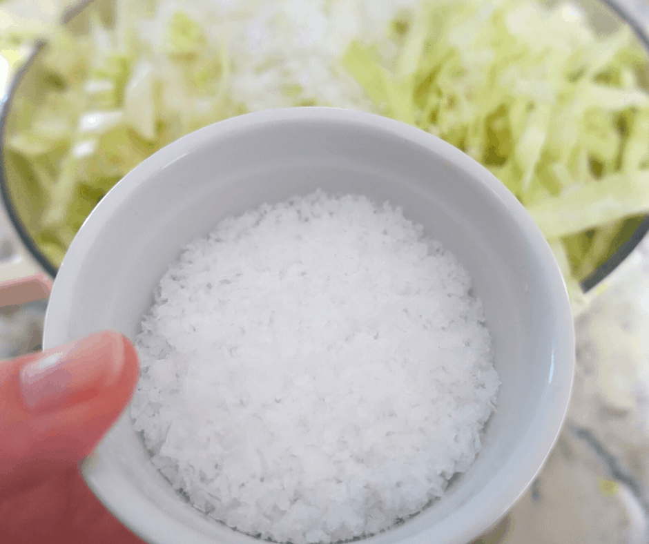 cabbage shreds in a white dutch oven in the background with sea salt in the forefront 