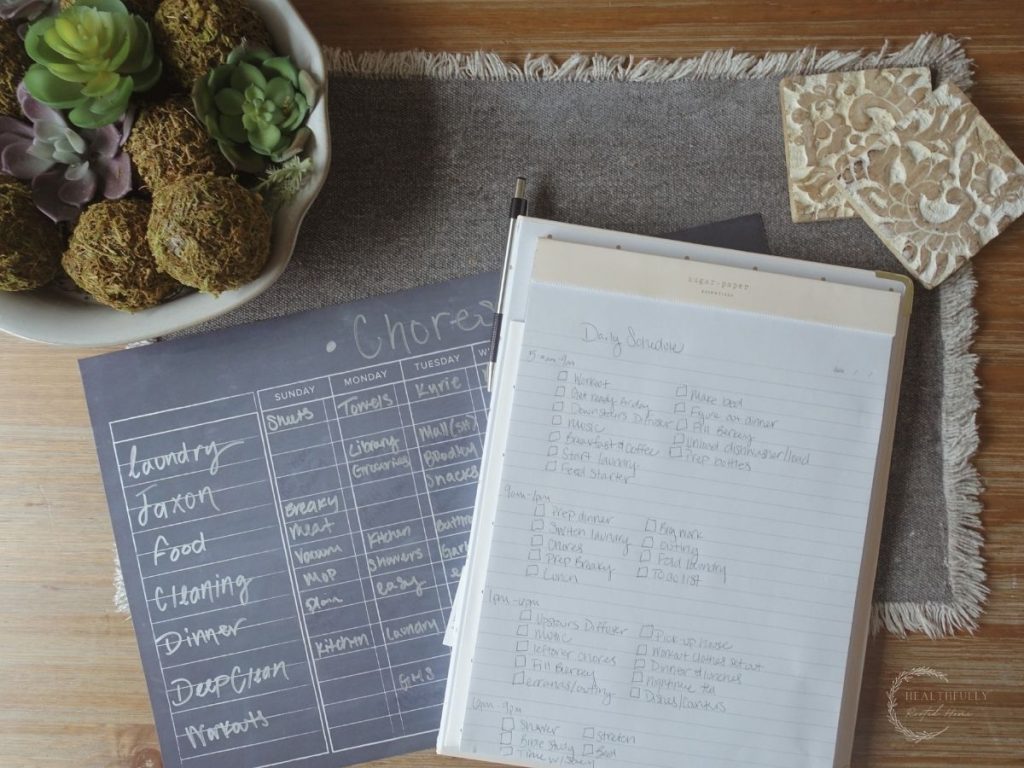 modern homemaking schedules with a notepad with daily to do list a magnetic chores list for the fridge coasters and a pot with succulents