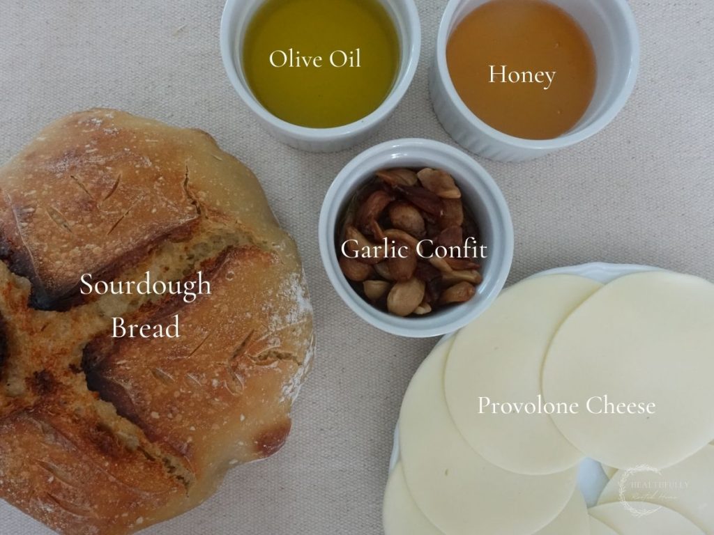 ingredients to make provolone grilled cheese with labels saying what they are