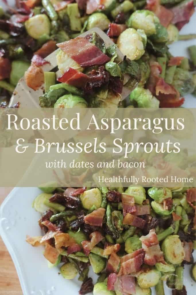 Roasted asparagus and brussels sprouts with dates and bacon is the perfect combination of sweet and savory. This is a great, healthy side dish to any meal!