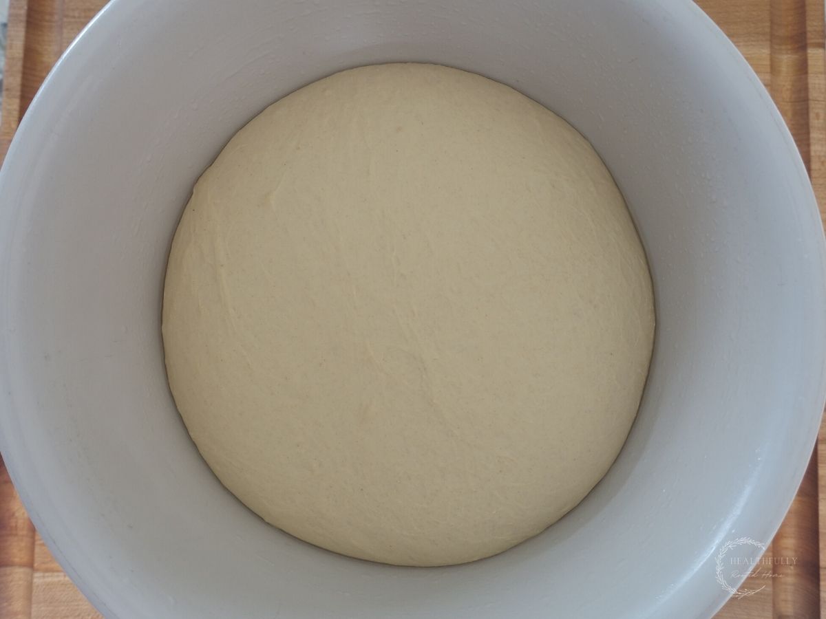 sourdough discard bagel dough after rising for a couple hours in a white bowl