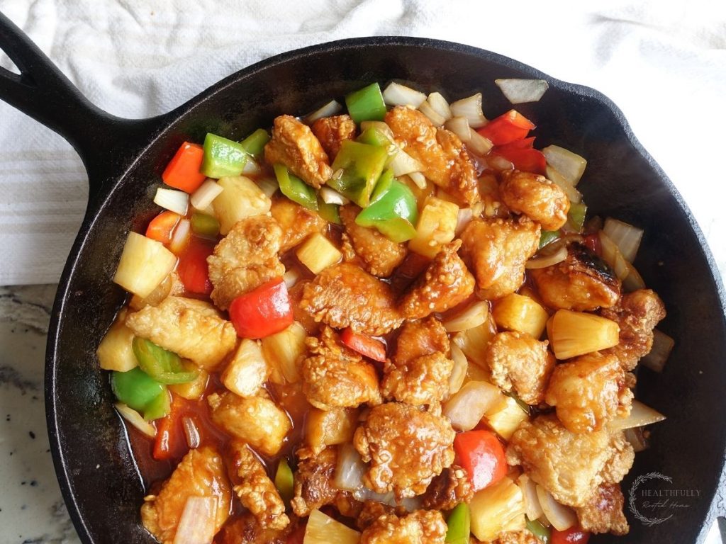 birds eye view of healthy sweet and sour chicken hong kong style