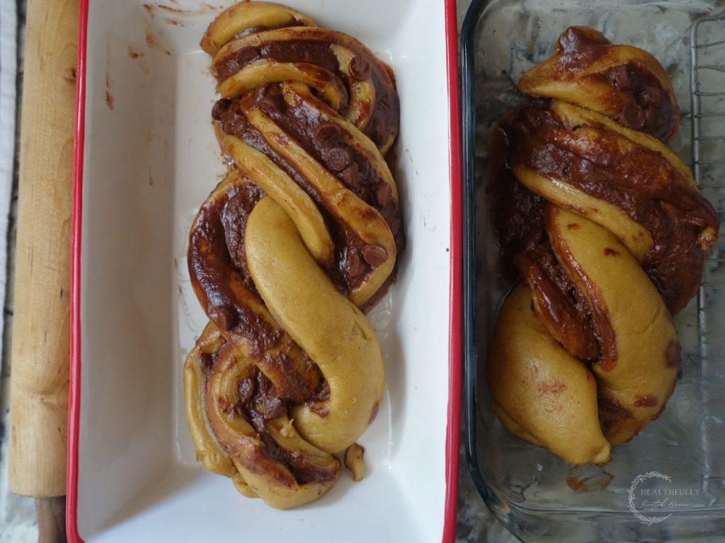 sourdough babka loaves unbaked in loaf pans