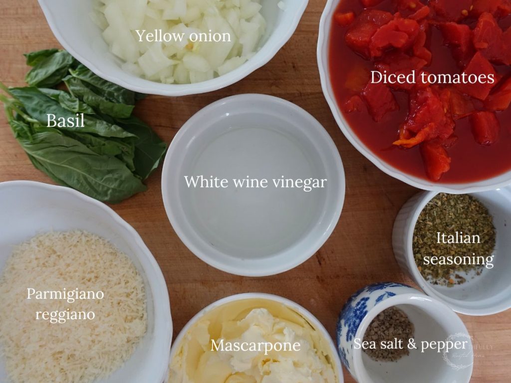 the ingredients to make tomato mascarpone sauce in white bowls with labels saying what each one is