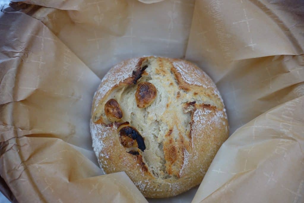 roasted garlic sourdough bread after baking in dutch oven