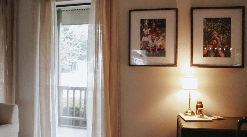 A calm morning scene where the light is on and the windows are open.