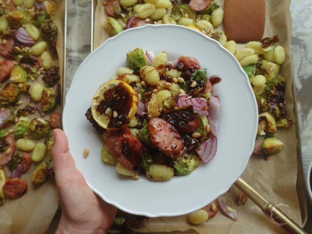 gnocchi tray bakes below a white plate