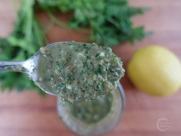 salsa gremolata on a spoon after being blended