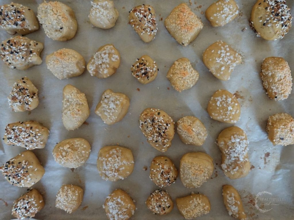 sourdough pretzel bites after baking so they're golden brown