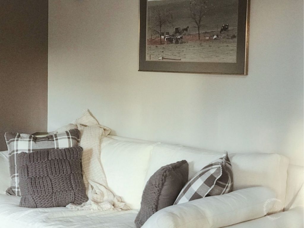 a white sixpenny couch with grey and white buffalo plaid pillows and a picture hanging above the couch. displaying a clean house