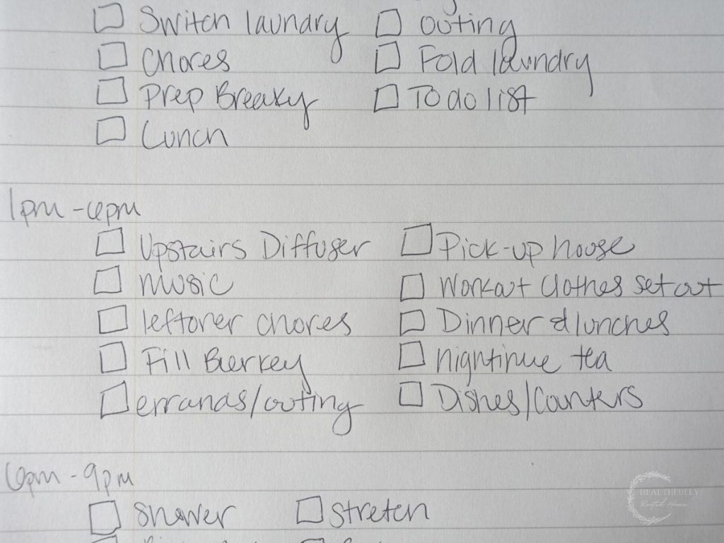 afternoon block tasks for a daily homemaking schedule handwritten in a homemaking binder notepad