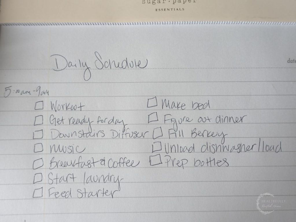 daily schedule am block 6-9am showing which tasks need to be completed by then