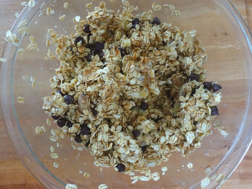 oats mashed banana peanut butter and chocolate chips mixed into a dough within a glass bowl