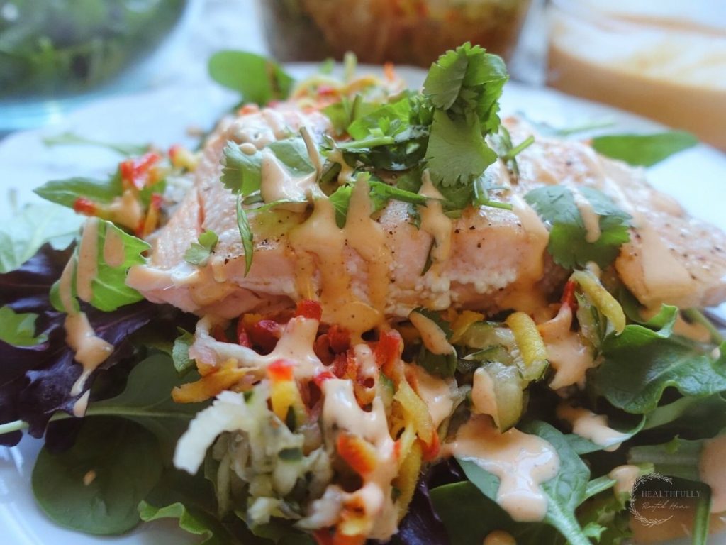 salmon bahn mi salad topped with cilantro and ancho aioli