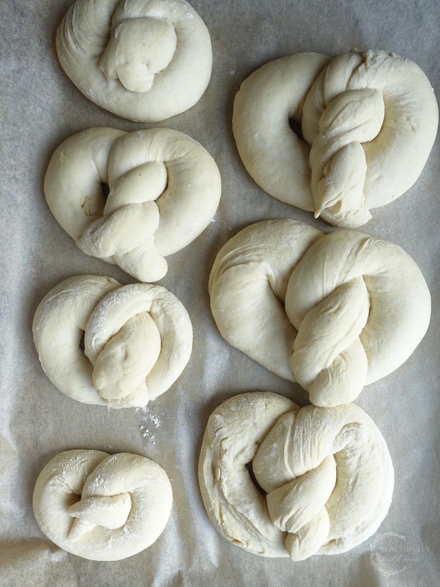 puffy sourdough pretzel dough after the final rise
