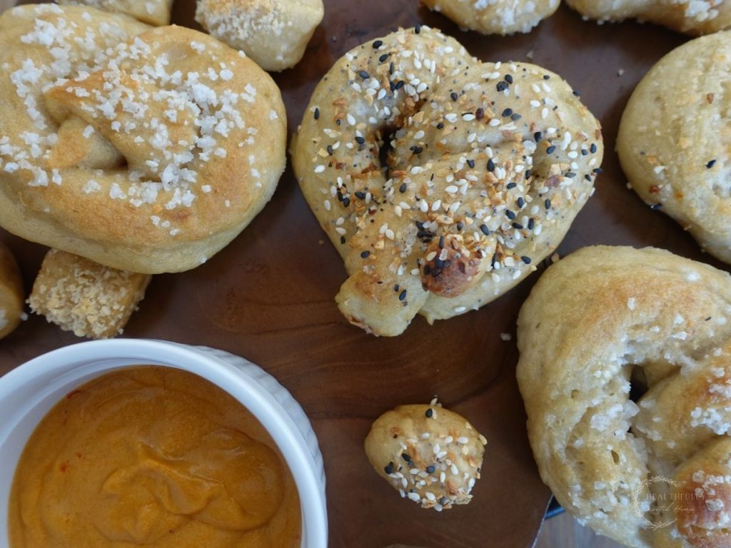 sourdough pretzels with pretzel bites next to them